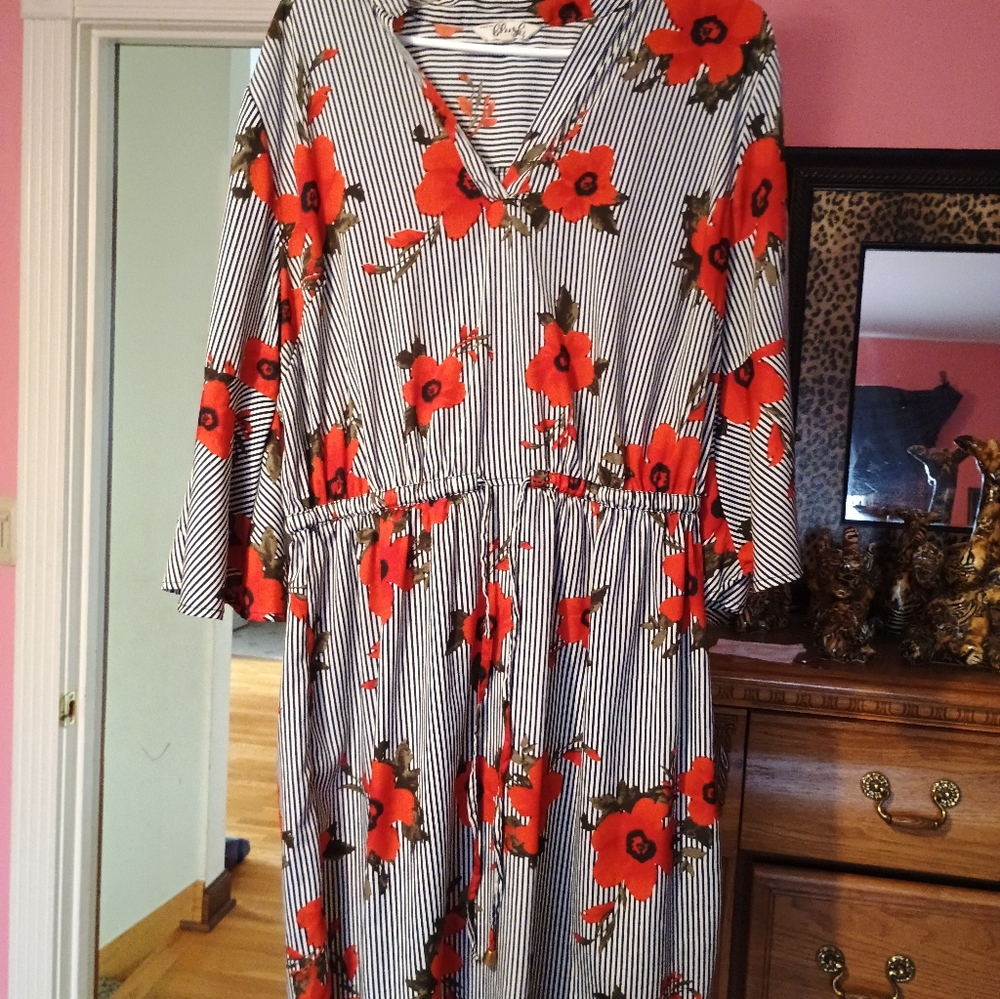 Floral Striped Dress - Red and Black
